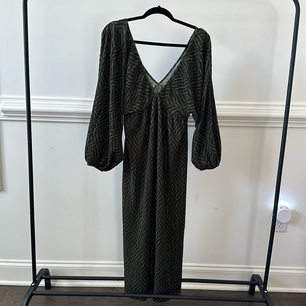 Zara green & brown pleated midi dress